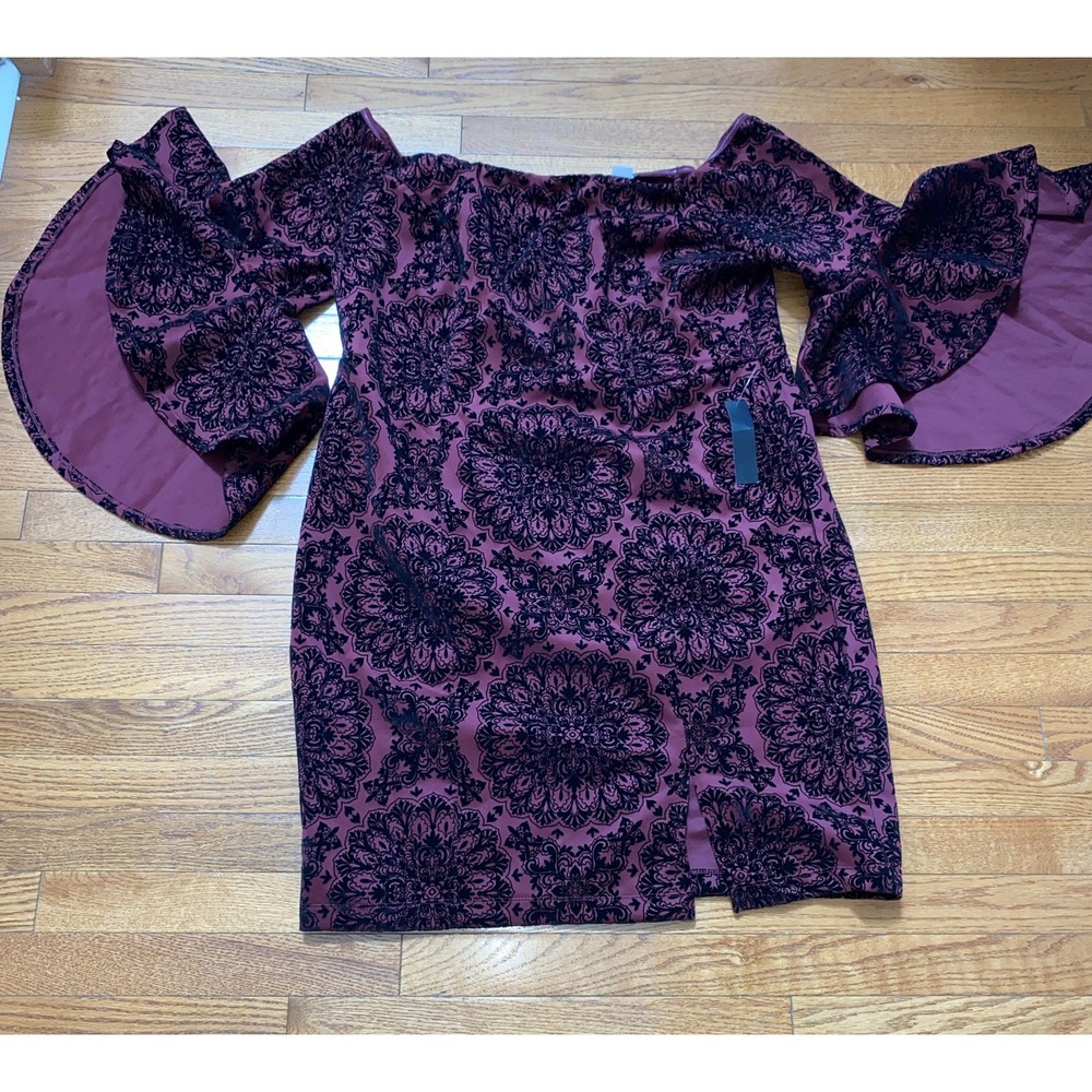 VENUS Burgundy Black Bell Sleeve Midi‎ Dress Size 24 NWT Off Shoulder